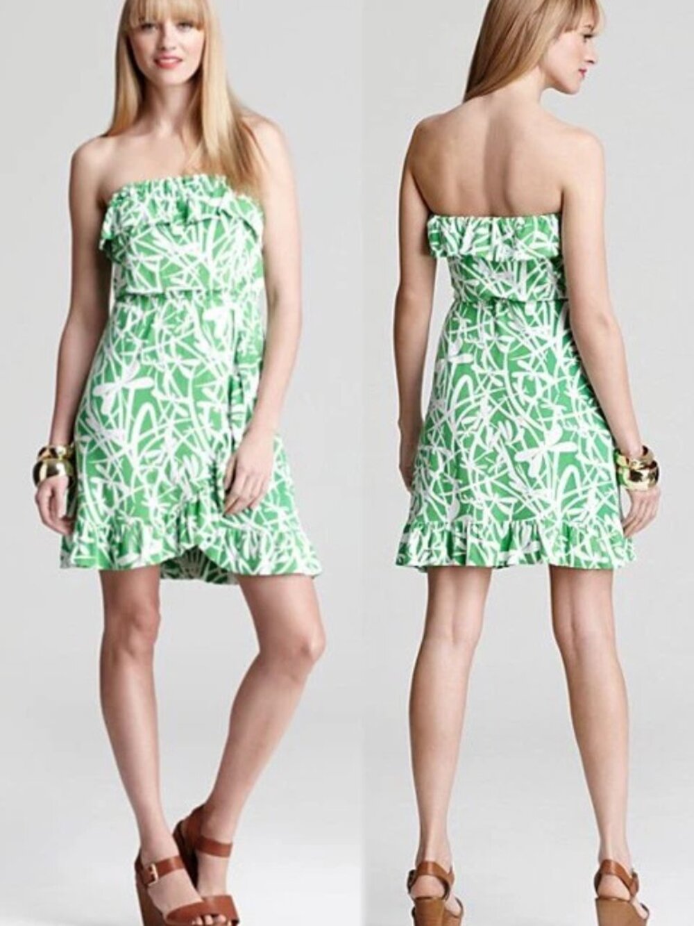 LILLY PULITZER Light My Fire Dress 6 Flor Green Bean Strapless Ruffle Stretch
